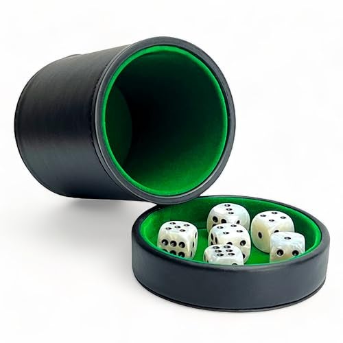 Luck Lab Black Leather Dice Cup with Lid Including 6 Matching Pearl Dice Green Velvet Interior for Quiet Shaking Use for Liars Dice Farkle Yahtzee Board Games - Image 1