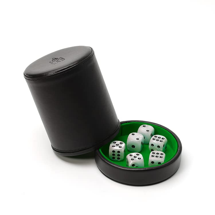 Luck Lab Black Leather Dice Cup with Lid Including 6 Matching Pearl Dice Green Velvet Interior for Quiet Shaking Use for Liars Dice Farkle Yahtzee Board Games - Image 5
