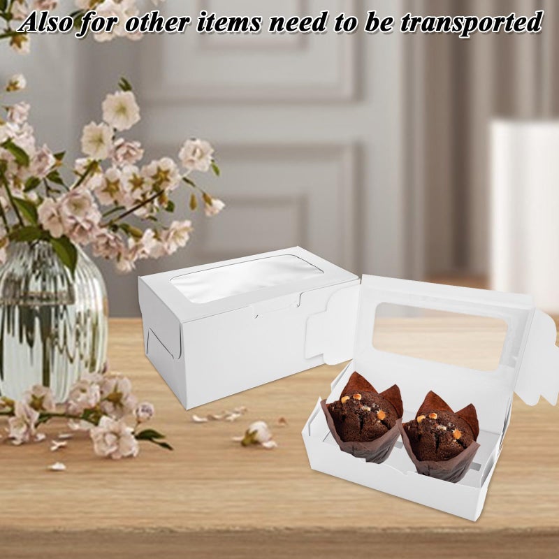 AKOLAFE 100 Set White Cupcake Boxes 2 Cupcake Holder with Lid To Go Cupcake Containers Reusable Cardboard Cupcake Boxes Bulk with Clear Window Cupcake Carrier for Cup Cake Packaging Transport Storage - Image 4