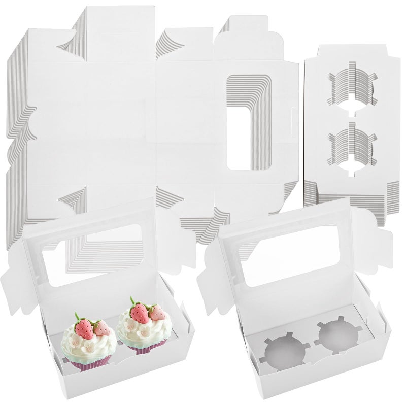 AKOLAFE 100 Set White Cupcake Boxes 2 Cupcake Holder with Lid To Go Cupcake Containers Reusable Cardboard Cupcake Boxes Bulk with Clear Window Cupcake Carrier for Cup Cake Packaging Transport Storage - Image 1