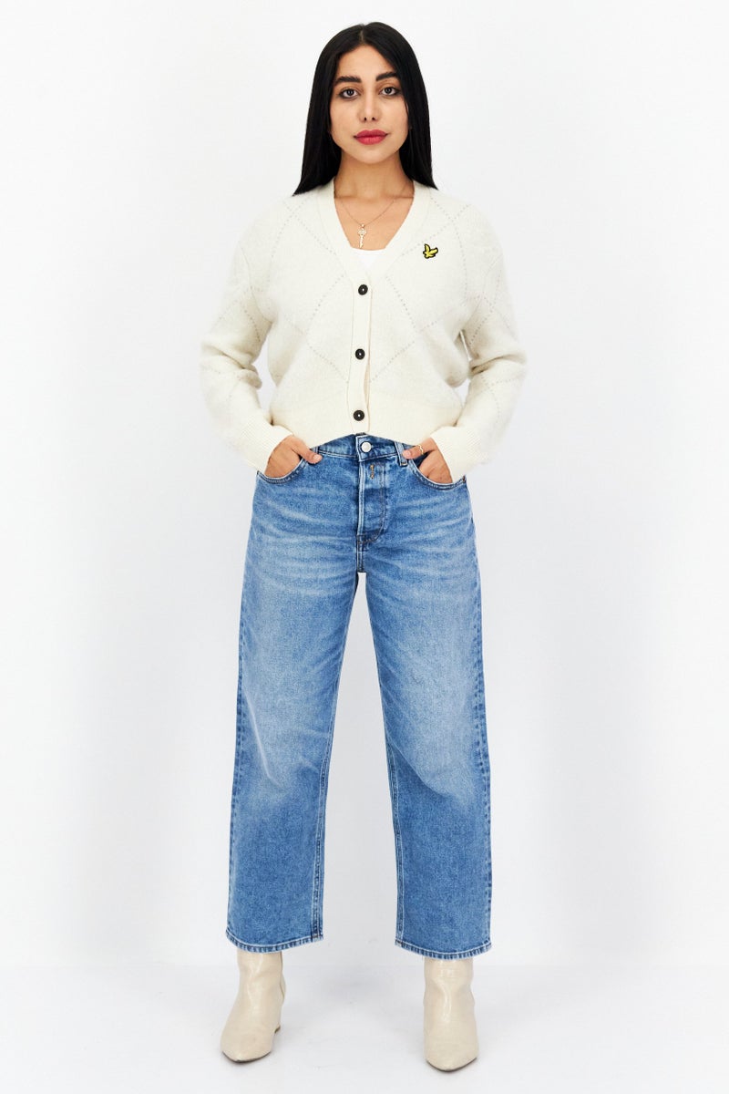 Lyle & Scott Women V-Neck Textured Cardigans, Beige - Image 3