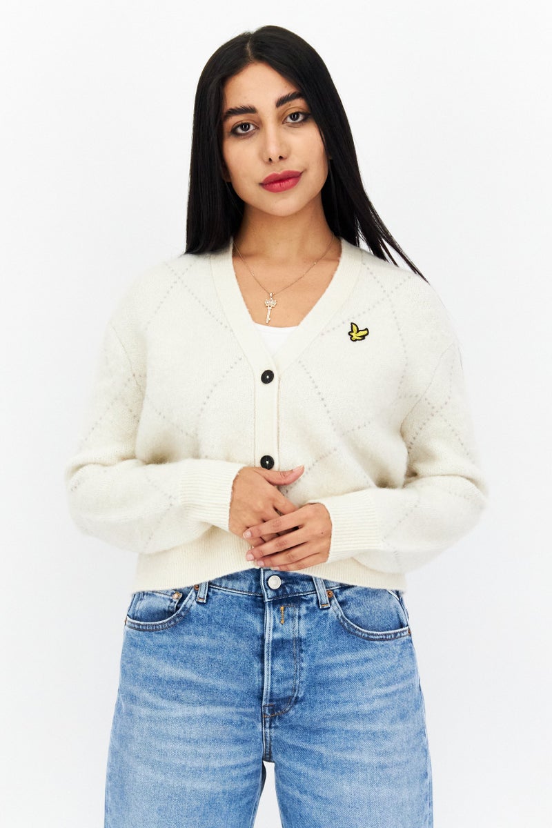 Lyle & Scott Women V-Neck Textured Cardigans, Beige - Image 1