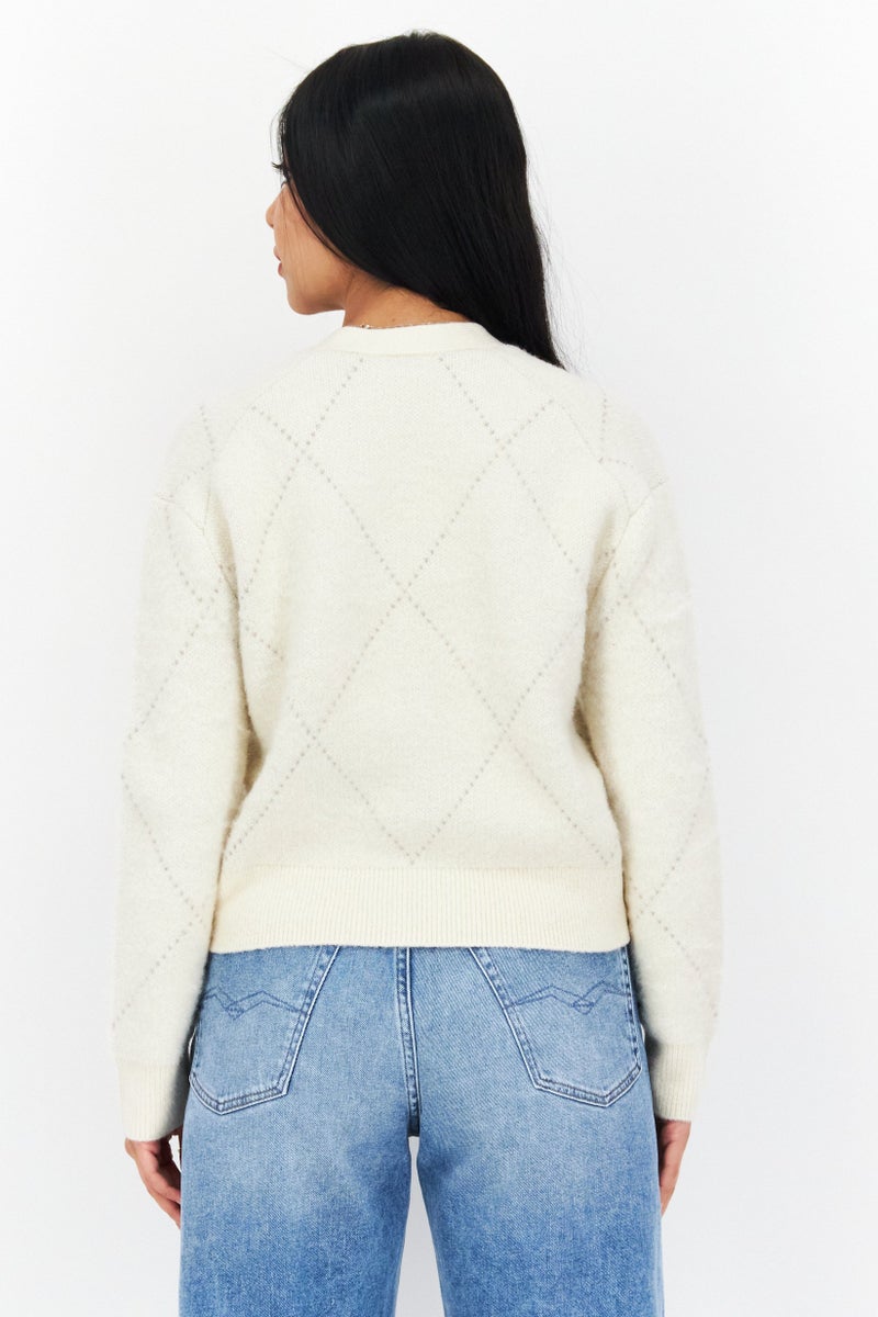 Lyle & Scott Women V-Neck Textured Cardigans, Beige - Image 4