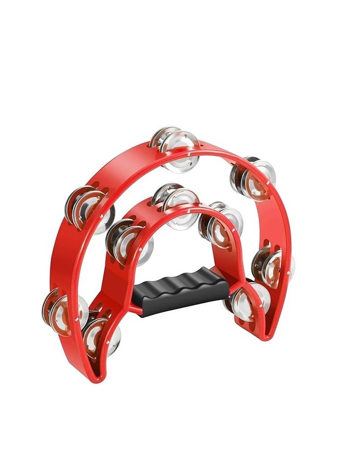 Megarya Megarya Tambourine Metal Half Moon Musical Instruments Double Row Metal Jingles Hand Held Instruments Percussion with Ergonomic Handle Grip, Tambourines for Adults Church, Red  - Image 1