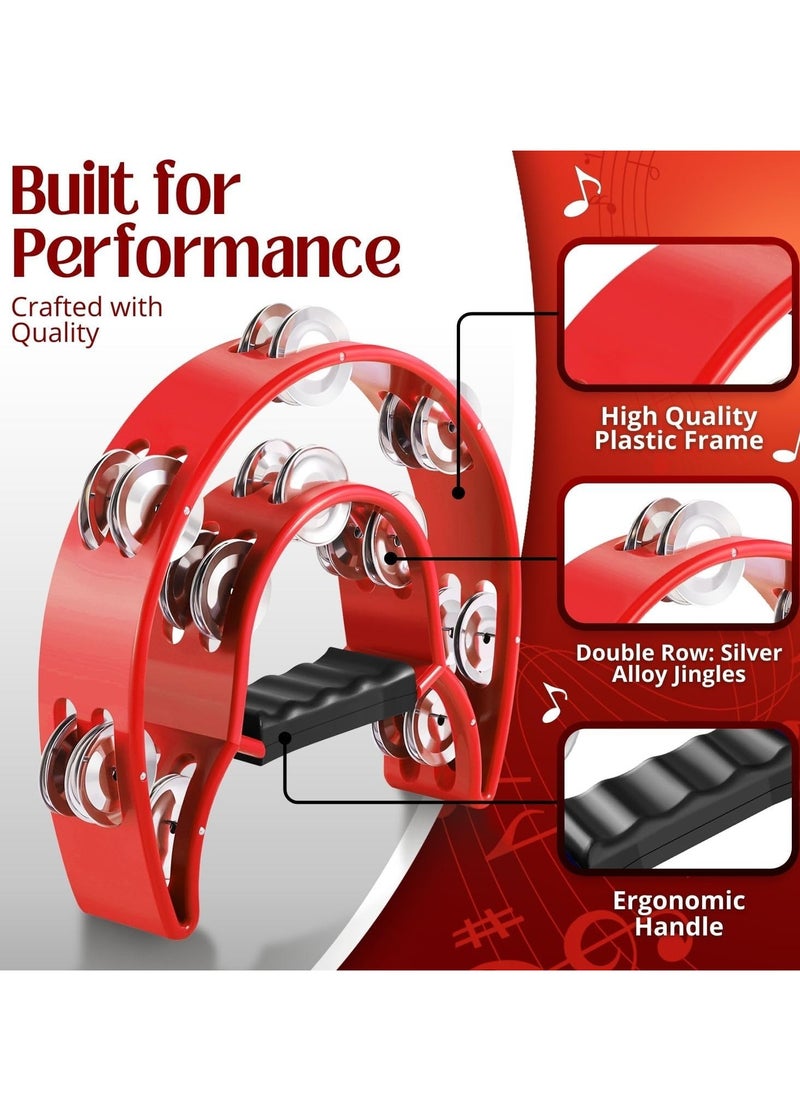 Megarya Megarya Tambourine Metal Half Moon Musical Instruments Double Row Metal Jingles Hand Held Instruments Percussion with Ergonomic Handle Grip, Tambourines for Adults Church, Red  - Image 3