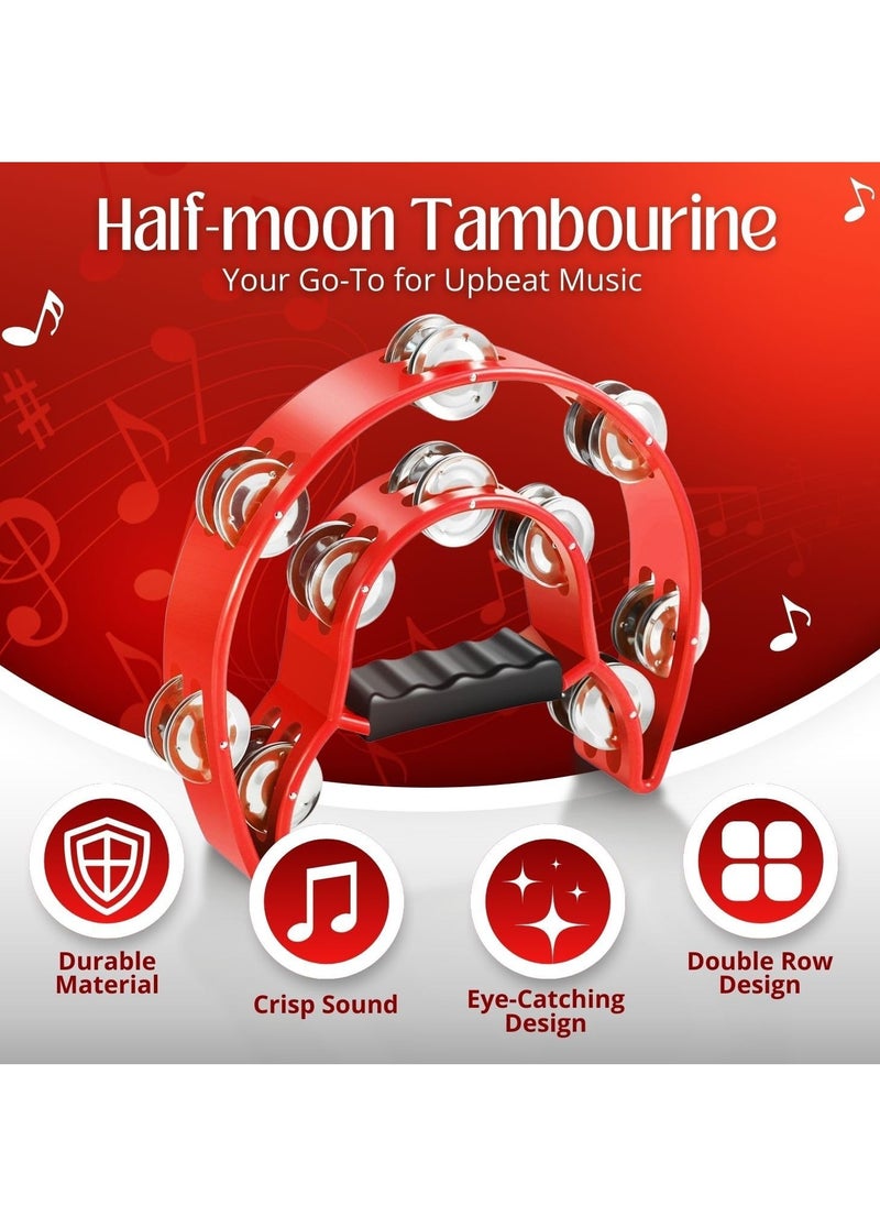 Megarya Megarya Tambourine Metal Half Moon Musical Instruments Double Row Metal Jingles Hand Held Instruments Percussion with Ergonomic Handle Grip, Tambourines for Adults Church, Red  - Image 5
