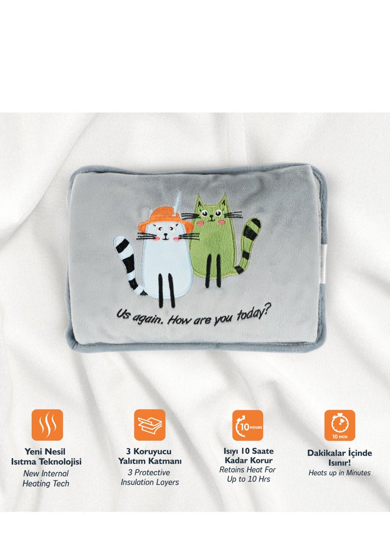 Biggdesign - Greeting Cat Electric Hot Water Bottle with Soft Cover Rechargable Hot Water Bag for Pain Relief - Image 1