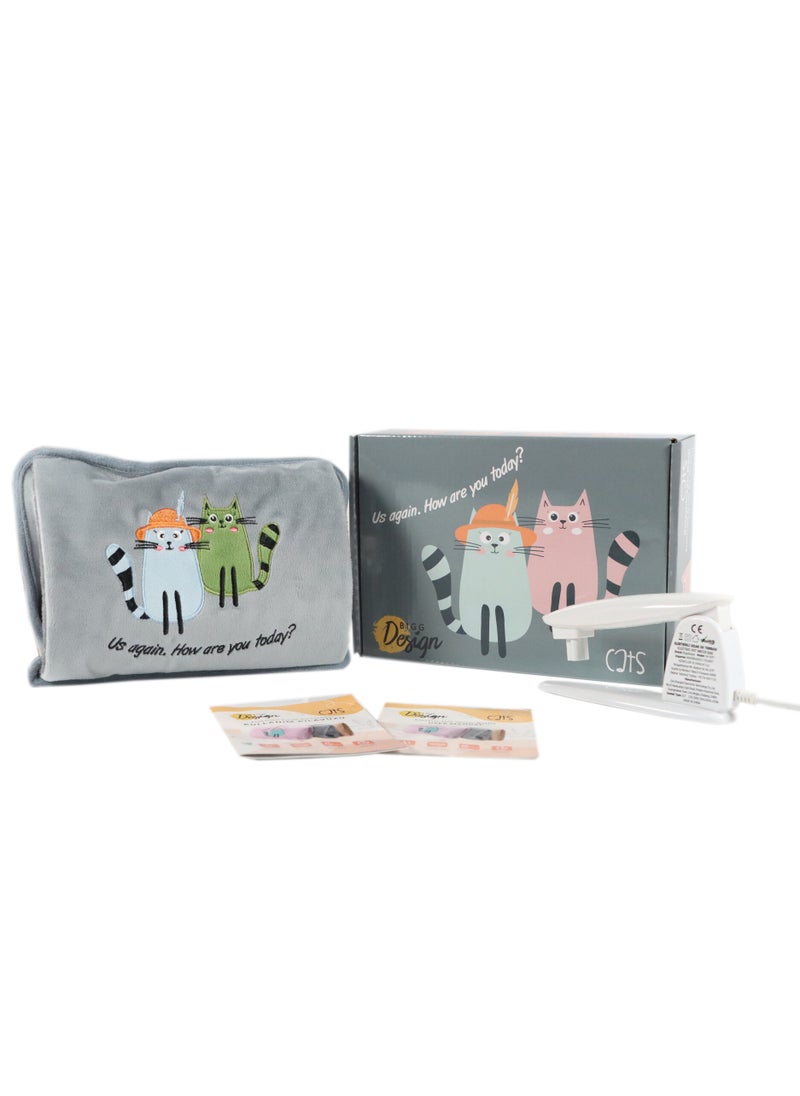 Biggdesign - Greeting Cat Electric Hot Water Bottle with Soft Cover Rechargable Hot Water Bag for Pain Relief - Image 1