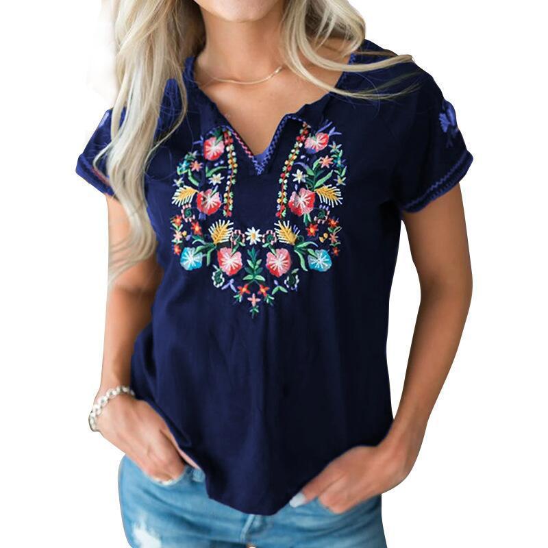 Spot 2022 summer foreign trade hot selling European and American style spring and summer women's retro printing short-sleeved T-shirt blue L - Image 3
