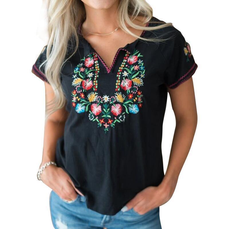 Spot 2022 summer foreign trade hot selling European and American style spring and summer women's retro printing short-sleeved T-shirt blue L - Image 5