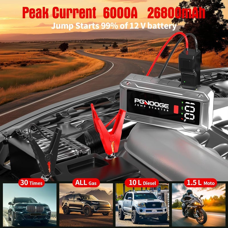 PGNOOGE 26800mAh 6000A Car Jump Starter (Up to ALL Gas/10L Diesel), 12V Car Battery Jump Starter with Force Start Button and USB Output, Large LCD Display, 600 Lumens Light - Image 2