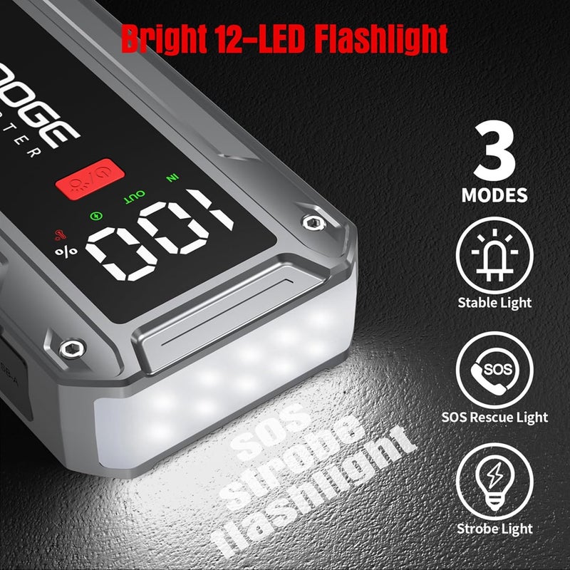 PGNOOGE 26800mAh 6000A Car Jump Starter (Up to ALL Gas/10L Diesel), 12V Car Battery Jump Starter with Force Start Button and USB Output, Large LCD Display, 600 Lumens Light - Image 4