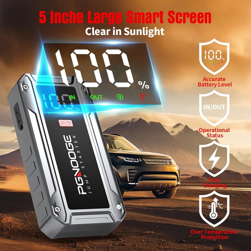PGNOOGE 26800mAh 6000A Car Jump Starter (Up to ALL Gas/10L Diesel), 12V Car Battery Jump Starter with Force Start Button and USB Output, Large LCD Display, 600 Lumens Light - Image 3