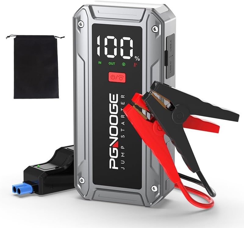 PGNOOGE 26800mAh 6000A Car Jump Starter (Up to ALL Gas/10L Diesel), 12V Car Battery Jump Starter with Force Start Button and USB Output, Large LCD Display, 600 Lumens Light - Image 1