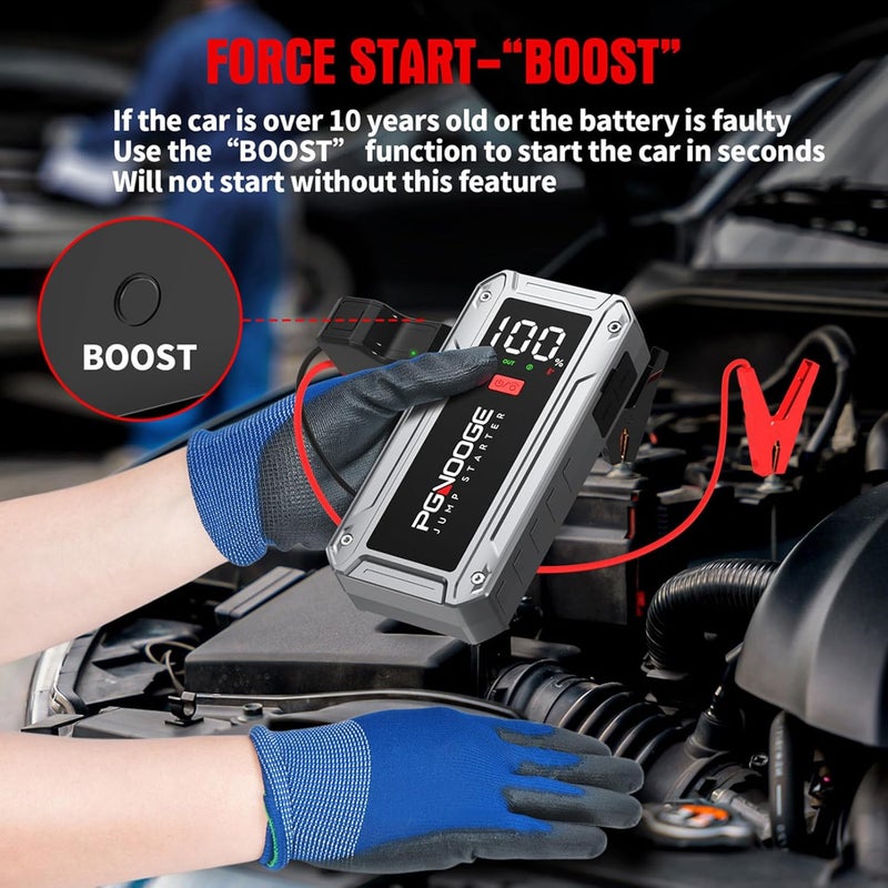 PGNOOGE 26800mAh 6000A Car Jump Starter (Up to ALL Gas/10L Diesel), 12V Car Battery Jump Starter with Force Start Button and USB Output, Large LCD Display, 600 Lumens Light - Image 5
