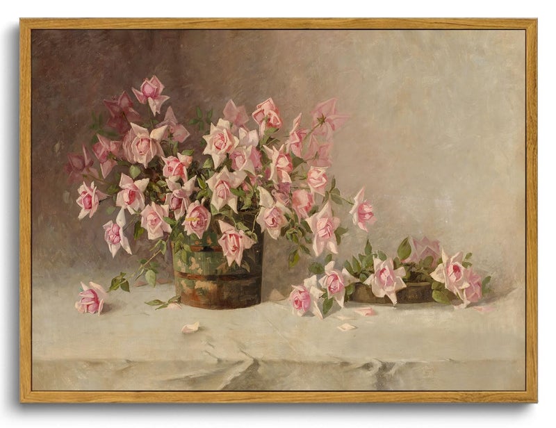 KISSFOX Vintage Floral Framed Wall Art Pink Flower Wall Art Paintings Pictures Wall Decor Modern Farmhouse Roses Canvas Art Prints Rustic Retro Still Life Artwork For Bedroom Kitchen Living Room - Image 2
