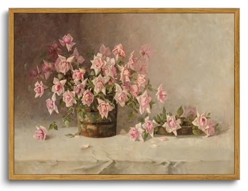 KISSFOX Vintage Floral Framed Wall Art Pink Flower Wall Art Paintings Pictures Wall Decor Modern Farmhouse Roses Canvas Art Prints Rustic Retro Still Life Artwork For Bedroom Kitchen Living Room - Image 1