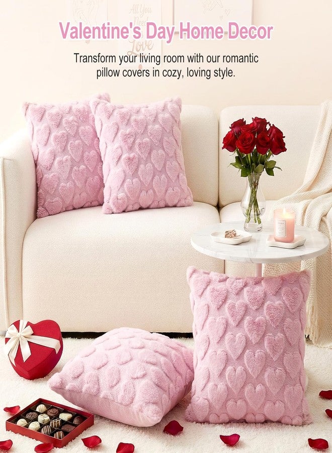 OLANRUN Valentines Pillow Covers 18x18 Inch Set of 2, Valentines Day Decorations Pink Soft Plush Faux Fur Jacquard Heart Throw Pillow Covers for Couch Sofa Home Office Living Room Bedroom Decor - Image 4