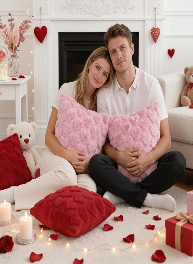 OLANRUN Valentines Pillow Covers 18x18 Inch Set of 2, Valentines Day Decorations Pink Soft Plush Faux Fur Jacquard Heart Throw Pillow Covers for Couch Sofa Home Office Living Room Bedroom Decor - Image 5