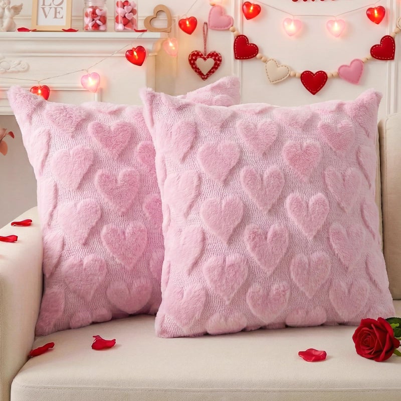 OLANRUN Valentines Pillow Covers 18x18 Inch Set of 2, Valentines Day Decorations Pink Soft Plush Faux Fur Jacquard Heart Throw Pillow Covers for Couch Sofa Home Office Living Room Bedroom Decor - Image 1