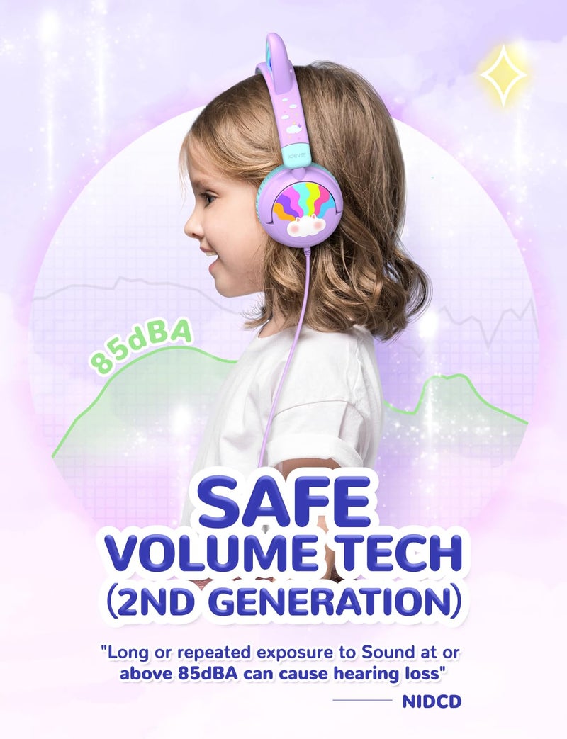 iClever Kids Headphones Cat Ear, LED Light Up, 85dBA Safe Volume, Stereo Sound Toddler Headphones for Travel School, Foldable 3.5mm Wired Kids Headphone for iPad Tablets, Meow Lollipop-Purple - Image 3