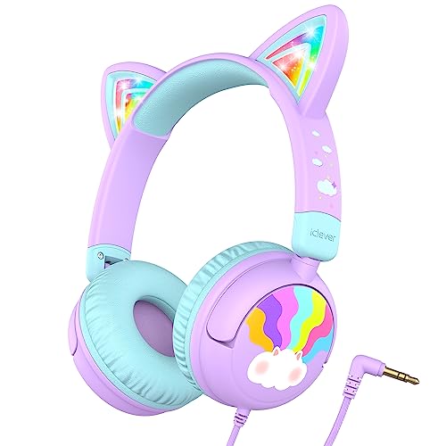 iClever Kids Headphones Cat Ear, LED Light Up, 85dBA Safe Volume, Stereo Sound Toddler Headphones for Travel School, Foldable 3.5mm Wired Kids Headphone for iPad Tablets, Meow Lollipop-Purple - Image 1