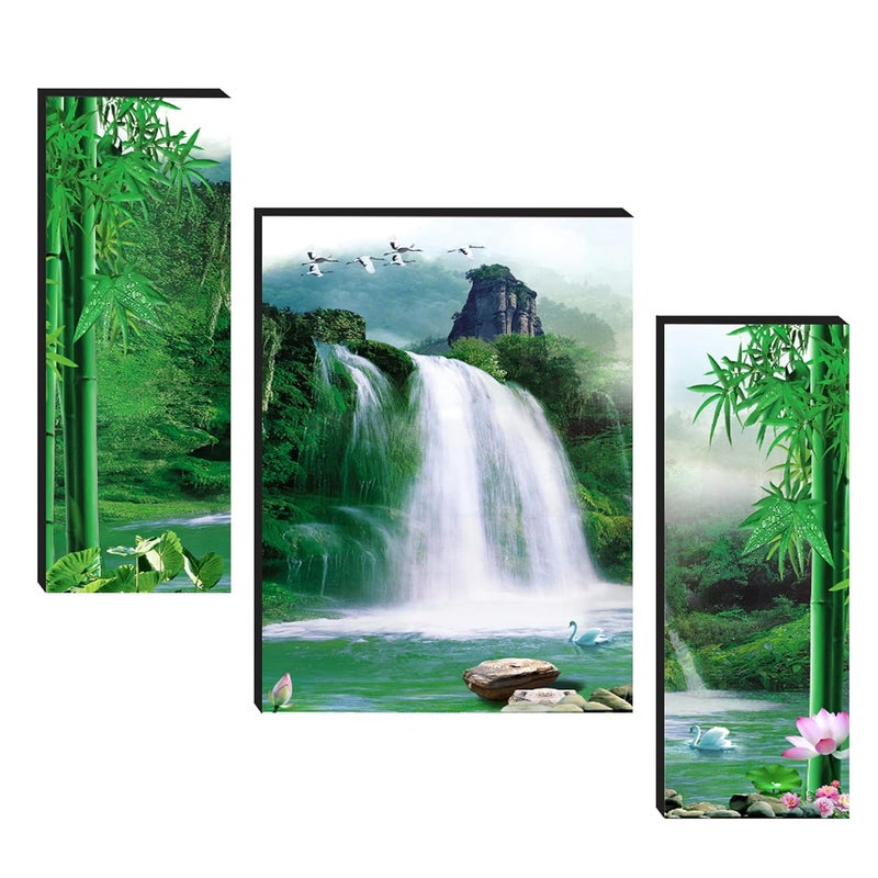 Masstone UV Laminated Vastu Natural Waterfall Wall Art Multicolor Modern Art 12 x 18 Inch Digital Reprint Set of 3