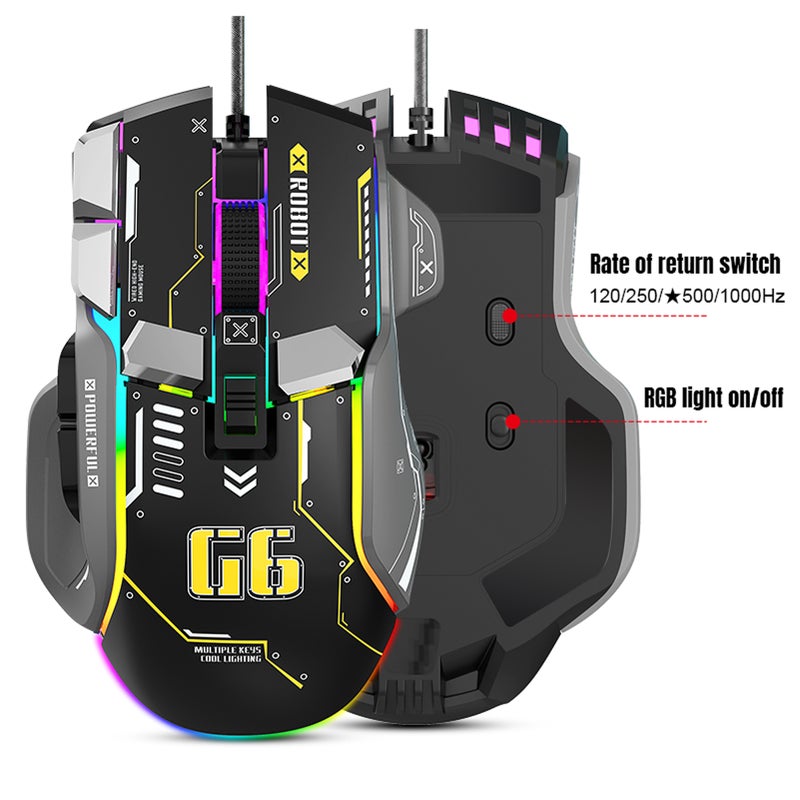 ماوس ألعاب ميكانيكي سلكي بـ 12 مفاتيح مع إضاءة RGB G6، تصميم بيولوجي، إعداد برمجي ماكرو بـ 10 مفاتيح، دبي قابل للتعديل ب6 سرعات، 13 وضعًا للإضاءة RGB - Image 5