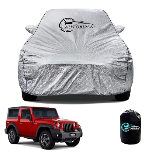 AUTOBIRSA Waterproof Car Body Cover for Mahindra Thar with Mirror and Antenna Pocket and Soft Cotton Lining (4 Side Elastic Triple Stitched & Metallic Silver with Black Piping Style) - Image 1