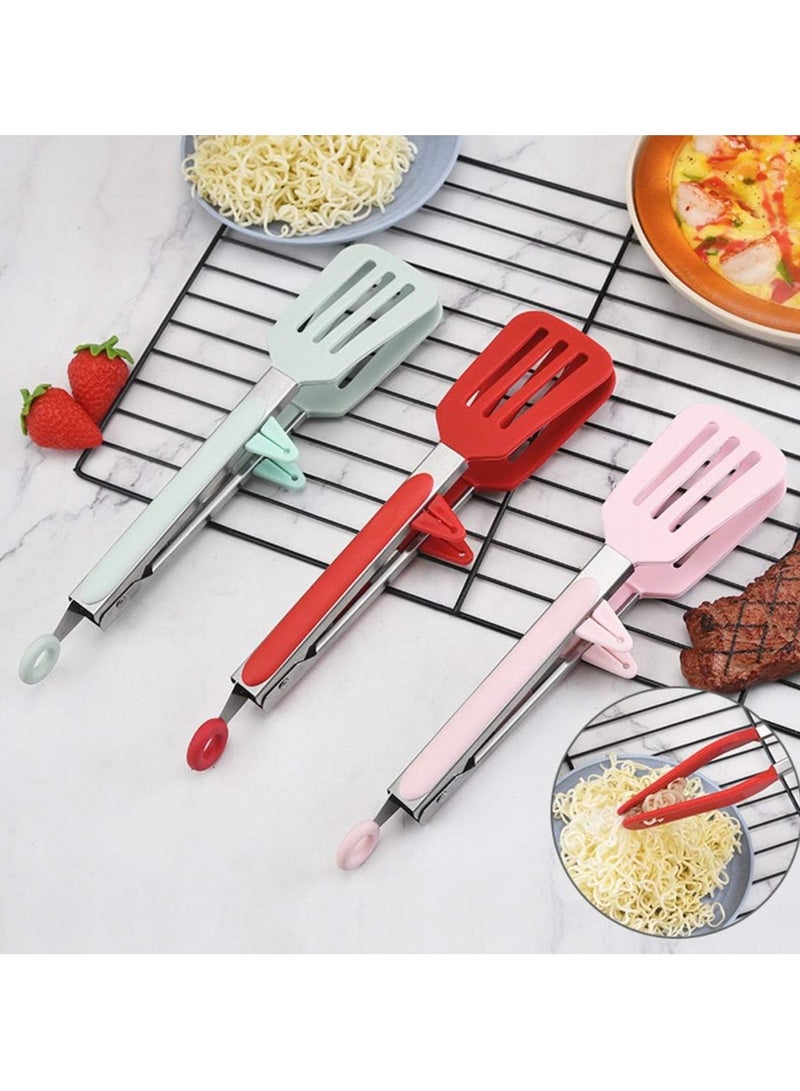 Hanayo 3 قطع ملقط طعام ملقط مطبخ مع ملقط سيليكون وحامل مقاوم للحرارة ملقط طهي من الفولاذ المقاوم للصدأ لطبخ الشواء والسلطة (أخضر + وردي + أحمر) - Image 2