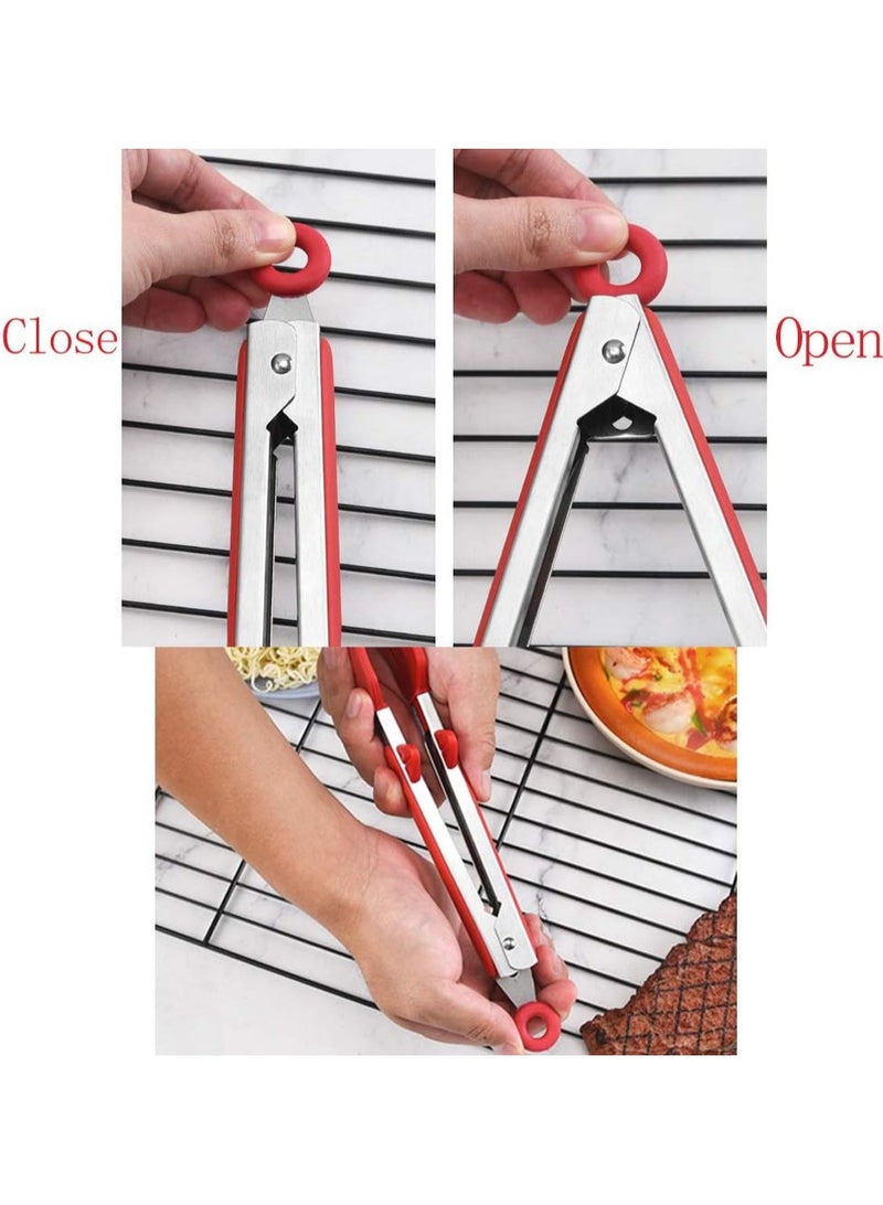 Hanayo 3 قطع ملقط طعام ملقط مطبخ مع ملقط سيليكون وحامل مقاوم للحرارة ملقط طهي من الفولاذ المقاوم للصدأ لطبخ الشواء والسلطة (أخضر + وردي + أحمر) - Image 5
