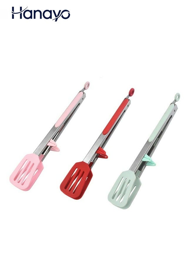 Hanayo 3 قطع ملقط طعام ملقط مطبخ مع ملقط سيليكون وحامل مقاوم للحرارة ملقط طهي من الفولاذ المقاوم للصدأ لطبخ الشواء والسلطة (أخضر + وردي + أحمر) - Image 1
