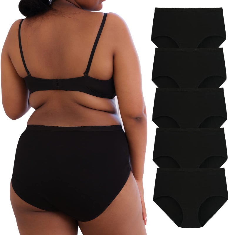 INNERSY Plus Size XL-5XL Big Curvy Woman Cotton Underwear High Waist Briefs 5-Pack(Black,XX-Large) - Image 1