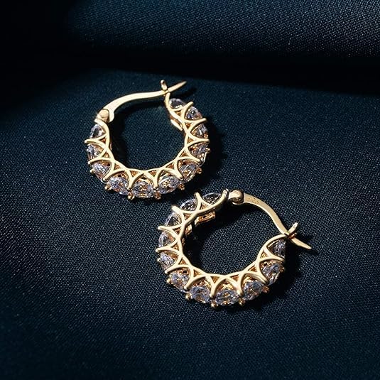 Allencoco Cubic Zirconia Huggie Hoop Earrings - Jewelry For Women, 14K Gold, 925 Sterling Silver Post Hypoallergenic (14K Gold 13CZ 21mm) - Image 3