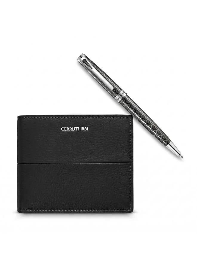 CERRUTI 1881 Giovanni Stainless Steel Ballpoint Pen Black Leather Bi-fold Wallet Gift Set for Men