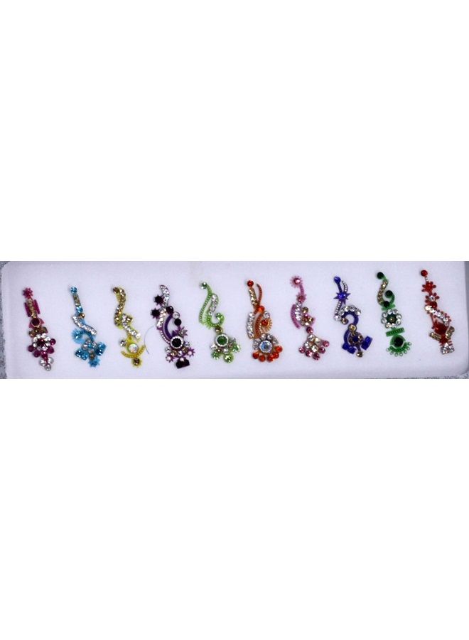 Fine Touch 10 Long Bollywood Designer Bindis Premium Crystal Jewels Mettallic Bindi Stickers Tattoos Forehead Tika - Image 1