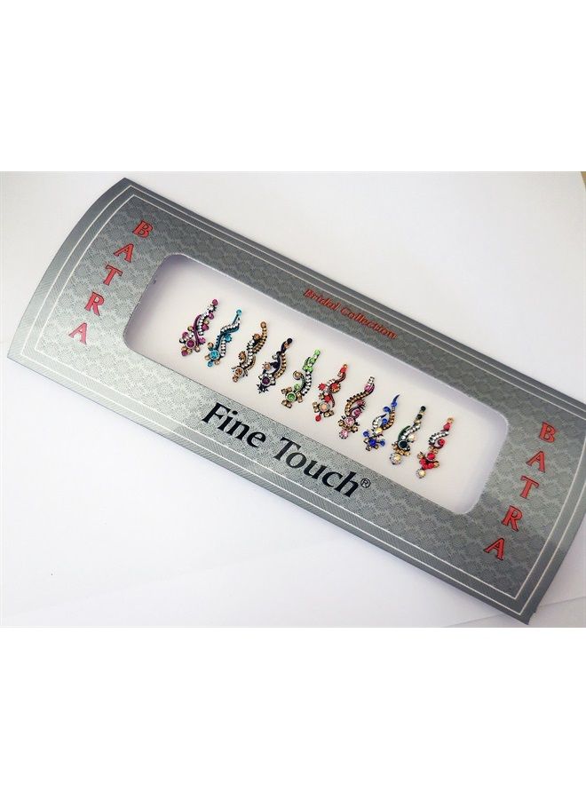Fine Touch 10 Long Bollywood Designer Bindis Premium Crystal Jewels Mettallic Bindi Stickers Tattoos Forehead Tika - Image 4