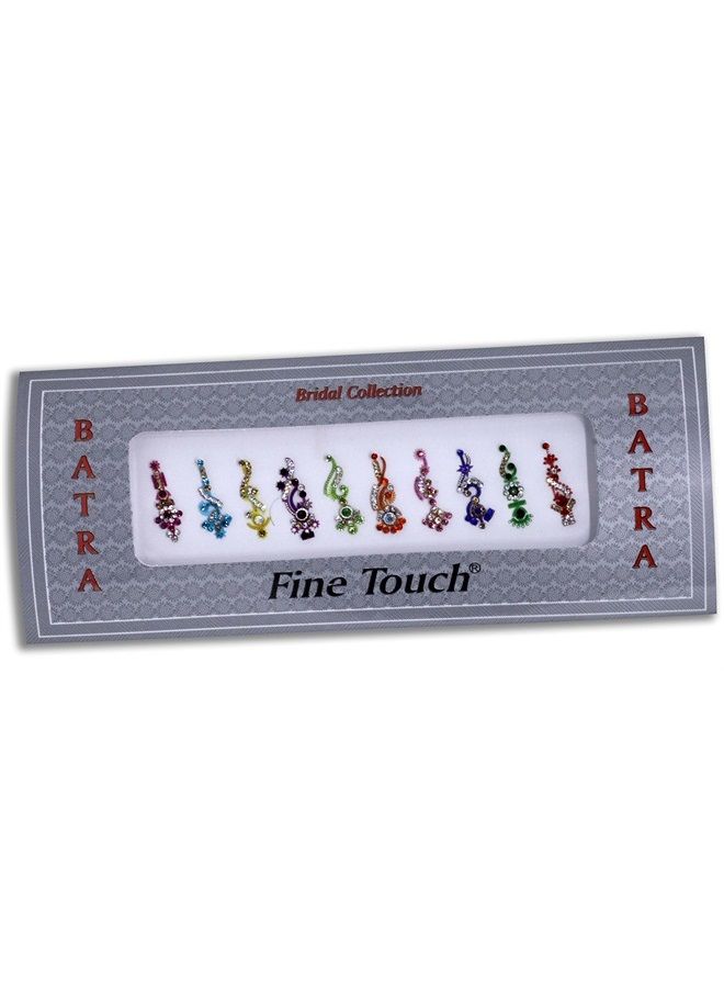 Fine Touch 10 Long Bollywood Designer Bindis Premium Crystal Jewels Mettallic Bindi Stickers Tattoos Forehead Tika - Image 2