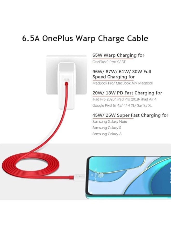 Type C to Type C Fast Charging Cable 6.5A Compatible with OnePlus 11/11R/10/10 Pro/10R/8T/9/9 Pro/9R/Nord 3/CE3/Nord 2, Warp Charge, SuperVooc, 6.5A High-Speed Data Sync Cable
