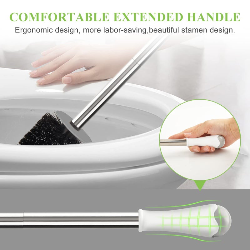 AONEZ Compact Toilet Brush & Holder, Stainless Steel Handle, Space Saving for Storage, Deep Cleaning, Drip-Proof, Easy to Assemble, Nylon Bristles, White & Grey - Image 3