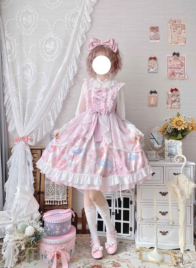 Cuteighteen Lolita Juniors Dresses Kawaii Bunny Print Japanese Style Princess Anime Cosplay Party Cute Teen Dress Costume (Pink, One Size) - Image 4