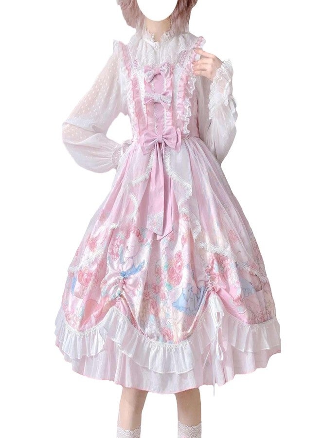 Cuteighteen Lolita Juniors Dresses Kawaii Bunny Print Japanese Style Princess Anime Cosplay Party Cute Teen Dress Costume (Pink, One Size) - Image 1