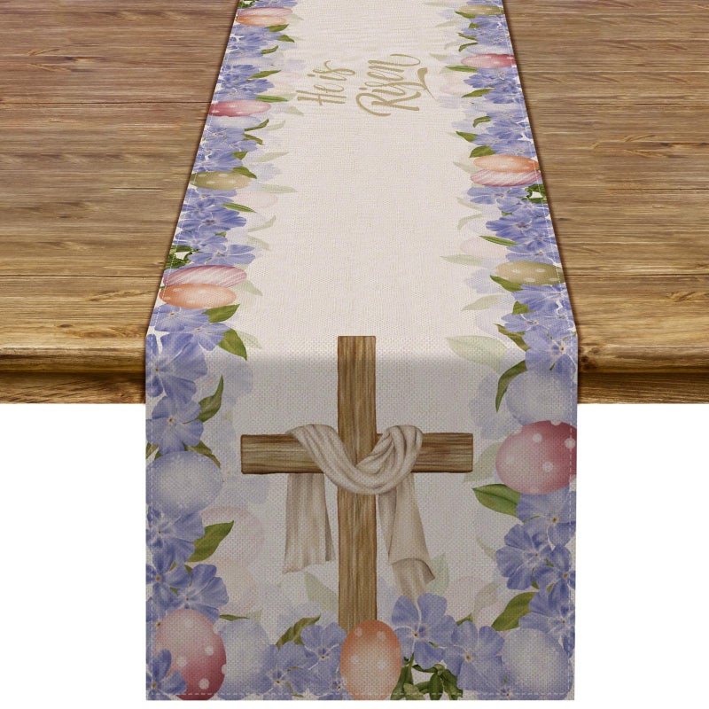 Rainlemon Linen He is Risen Table Runner Easter Egg Spring Jesus Ressurrection Cross Home Kitchen Dining Room Decoration 13 x 72