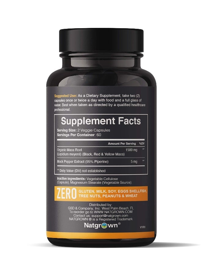 Natgrown Organic Maca Root Powder Capsules Black Red Yellow 1500 mg per Serving Gelatinized Peruvian Maca Supplement NonGMO GlutenFree Vegan 120 Count - Image 2