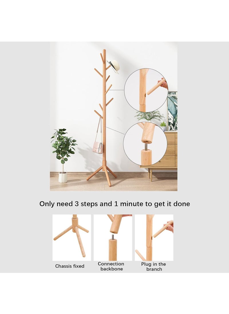 Hihonor - Wooden Coat Rack Freestanding,Coat Rack, Entryway Coats Hanger Stand with 8 Hooks, Home Hotel Hall Tree for Coats, Hats, Scarves, Clothes, and Handbags, Brown - Image 1