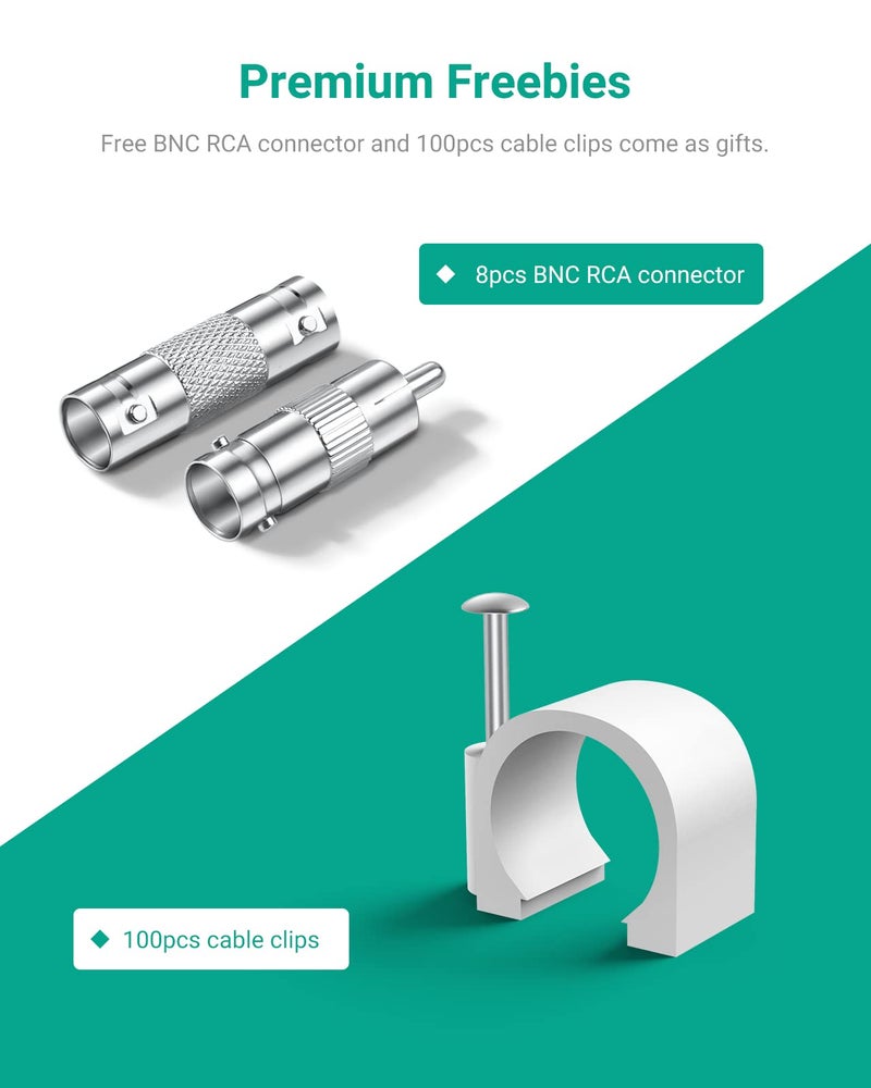 ANNKE 4 Pack 30M/100ft All-in-One Video Power Cables, BNC Extension Security Wire Cord for CCTV Surveillance DVR System Installation, Free BNC RCA Connector and 100pcs Cable Clips Included (White) - Image 3