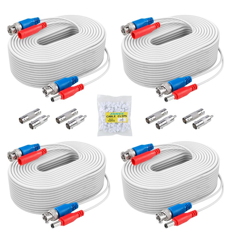 ANNKE 4 Pack 30M/100ft All-in-One Video Power Cables, BNC Extension Security Wire Cord for CCTV Surveillance DVR System Installation, Free BNC RCA Connector and 100pcs Cable Clips Included (White) - Image 1