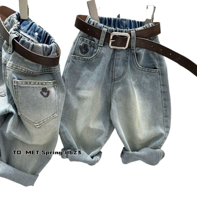 Children'S Loose Soft Jeans 2025 Spring New Pocket Smiley Embroidered Boys' Western Style Straight Pants - Image 4