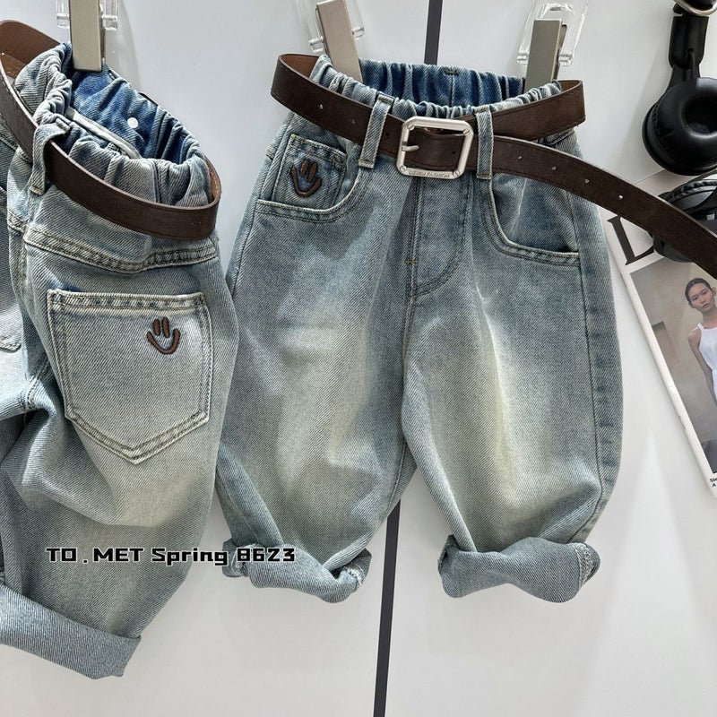Children'S Loose Soft Jeans 2025 Spring New Pocket Smiley Embroidered Boys' Western Style Straight Pants - Image 2