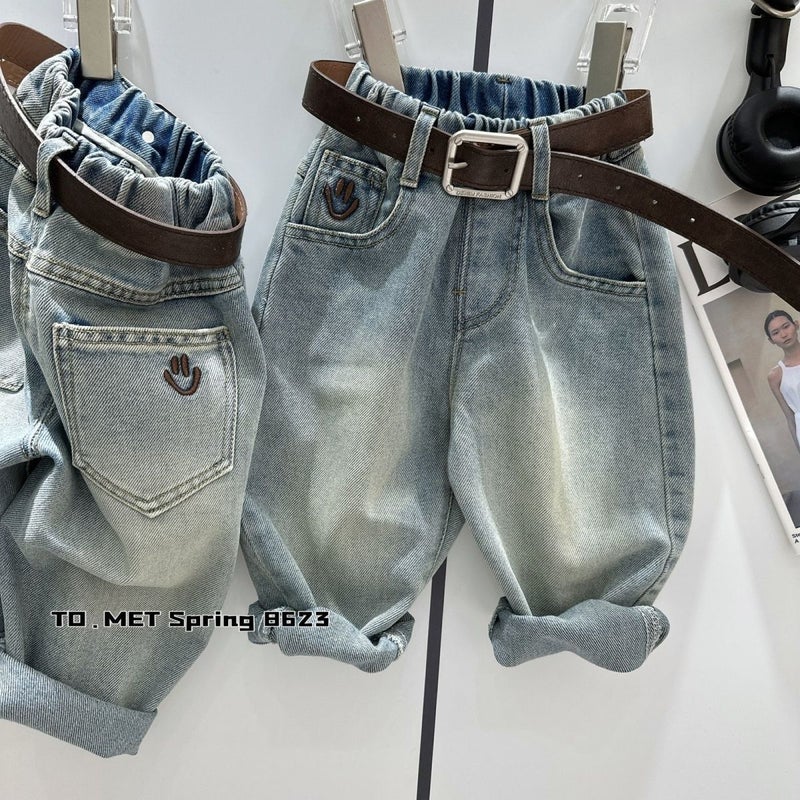 Children'S Loose Soft Jeans 2025 Spring New Pocket Smiley Embroidered Boys' Western Style Straight Pants - Image 1